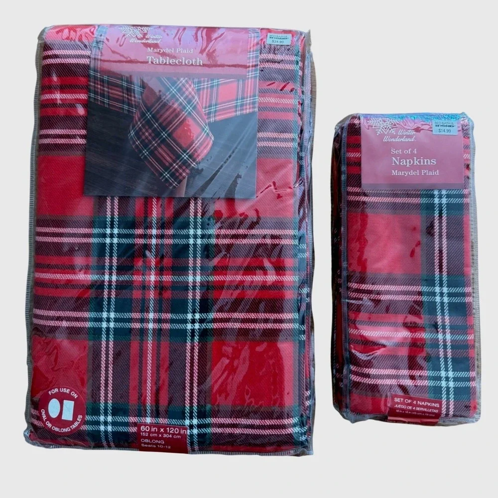 New Winter Wonderland Holiday Plaid Tablecloth 60x120 Oblong & 4 Napkins Set Red